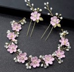 Krystalbånd med blomster, sten og perler, støvet lilla/guld - og 2 x hårnåle